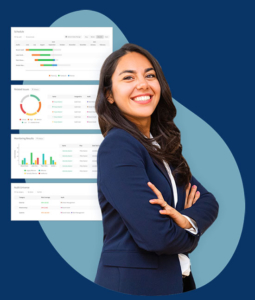 Businesswoman with ERM Software Dashboards